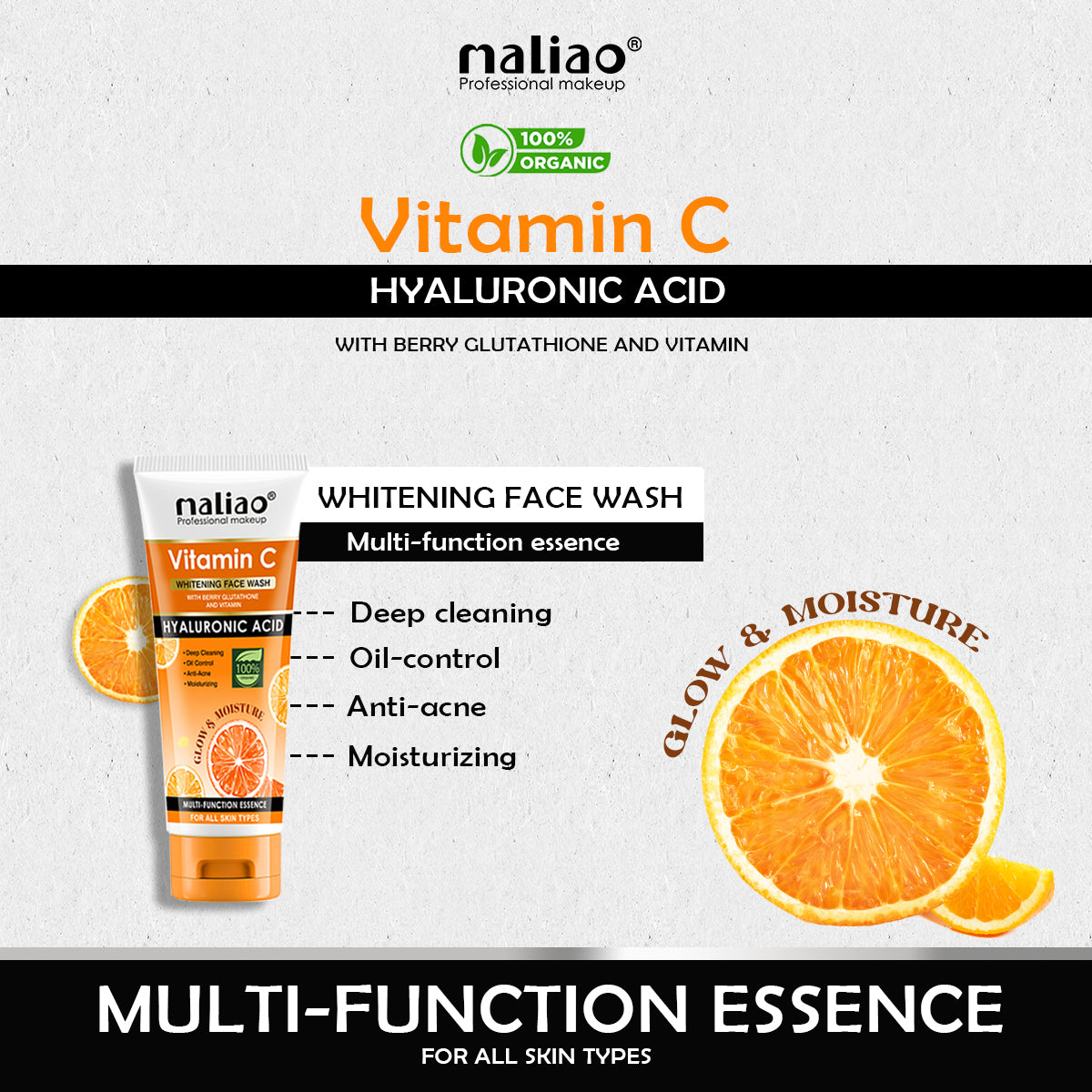 Maliao, Skincare, GentleFormula, Hyperpigmentation, Brightening, HyaluronicAcid, BerryGlutathione, VitaminC, WhiteningFaceWash,